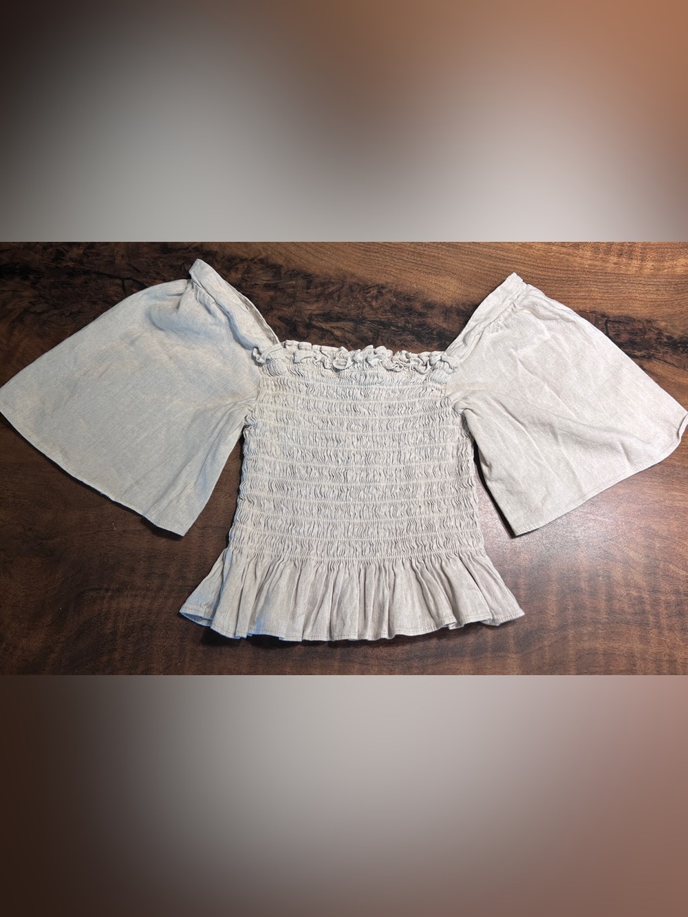 Lulus Your Sunshine Beige Smocked Flutter Sleeve Linen Top